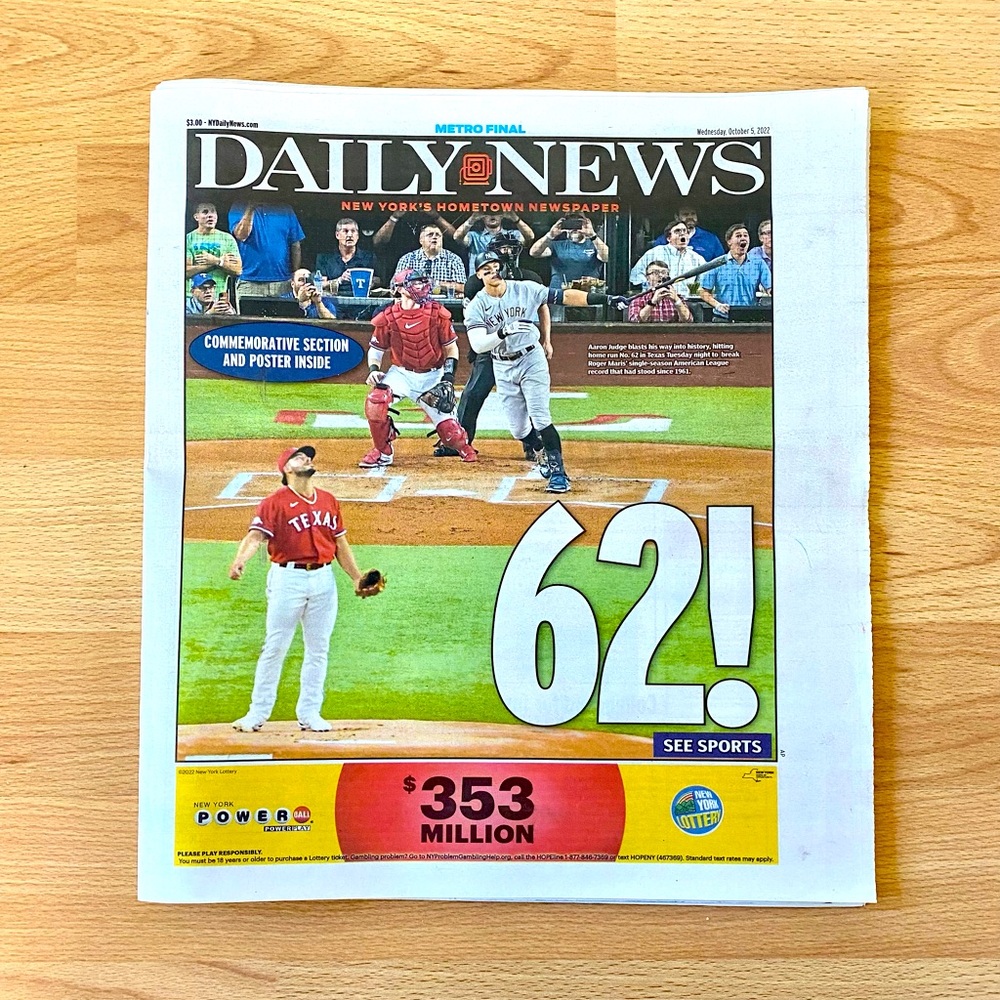 NY DAILY NEWS Aaron Judge 62 Home Runs Cover